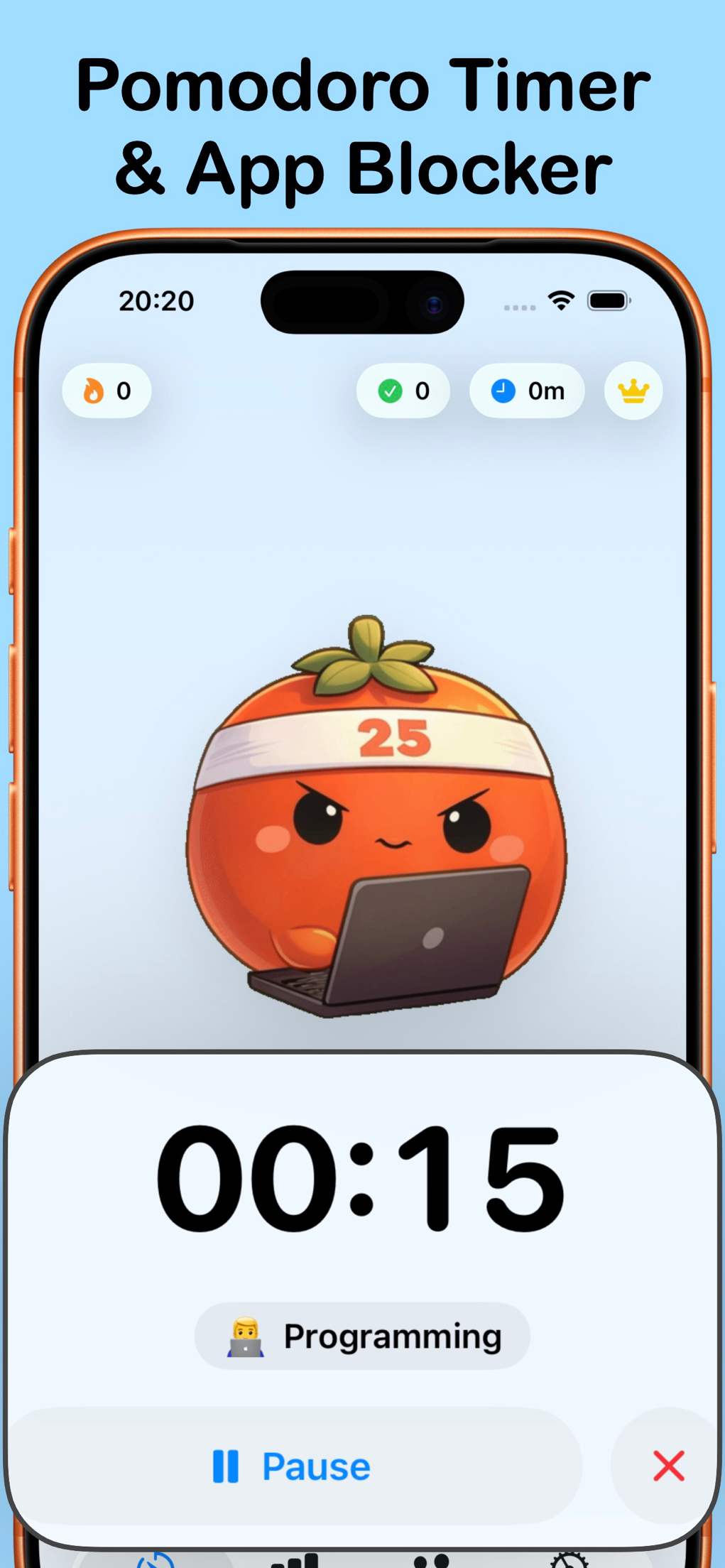 Pomodoro timer showing active session with app blocker and stats