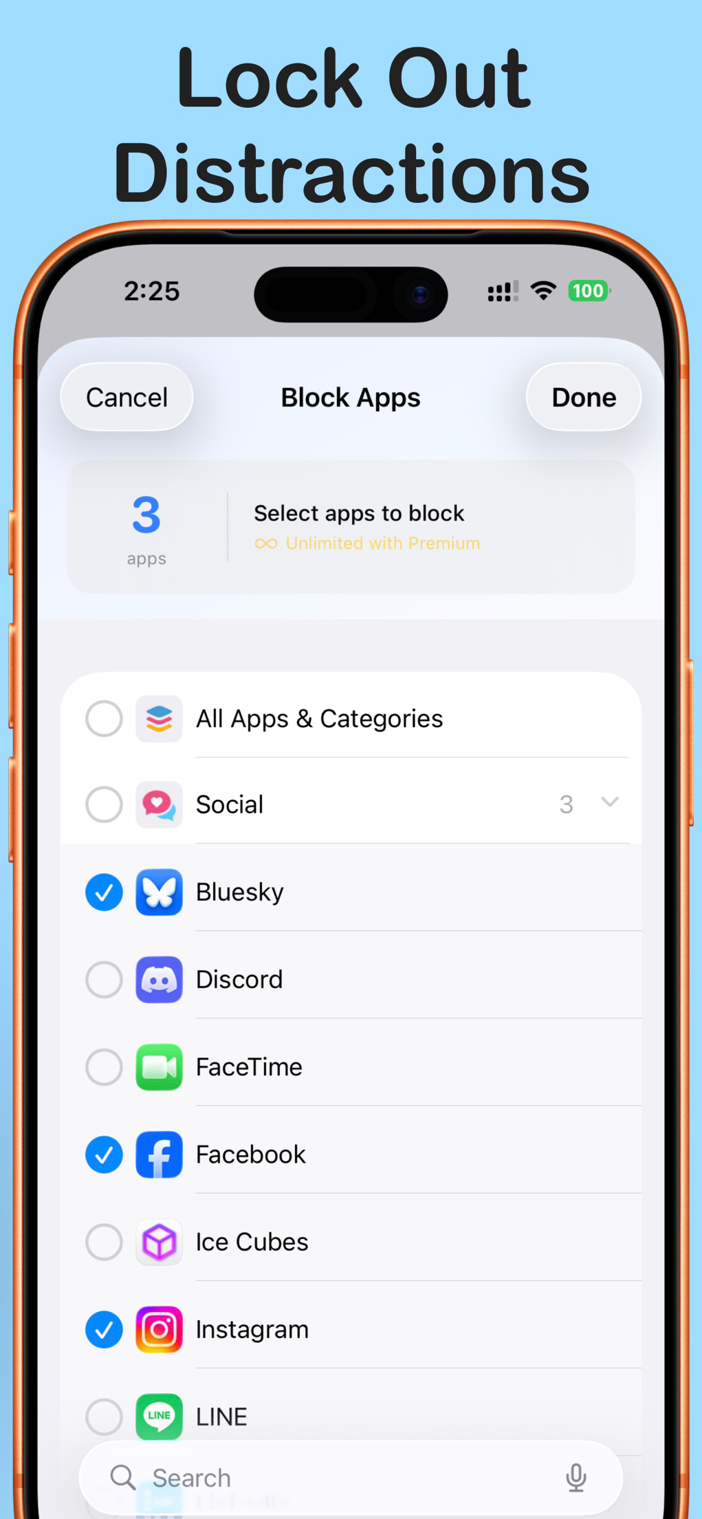 App blocker setup screen showing social media and messaging apps to block