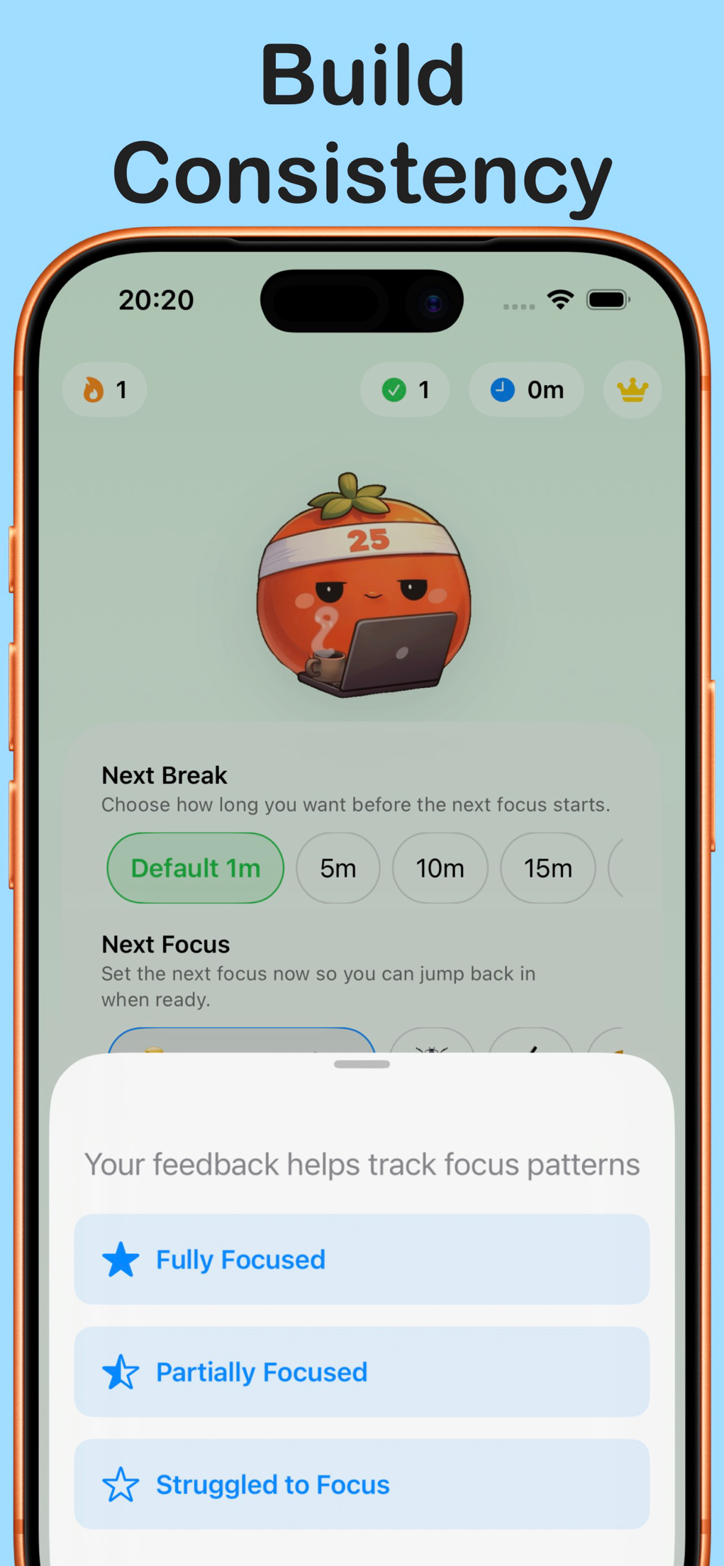 Focus session completion screen with break options and focus quality feedback